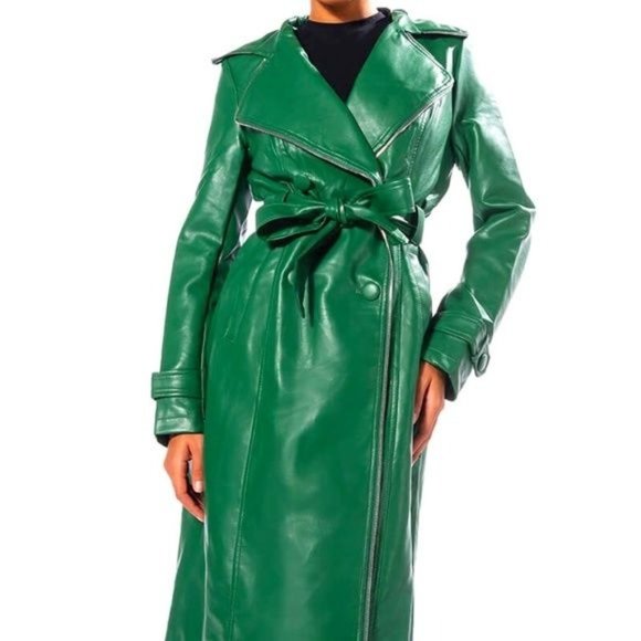 Miz Money Green: Unzipped Belted Vegan Leather Trench Jacket XL - Picture 3 of 9